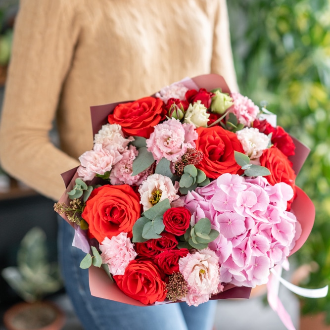 Bouquet de Roses Rouges et Hortensias Roses Romantique Bouquet de roses rouges, hortensias roses et œillets, tenu avec soin pour une occasion romantique.
