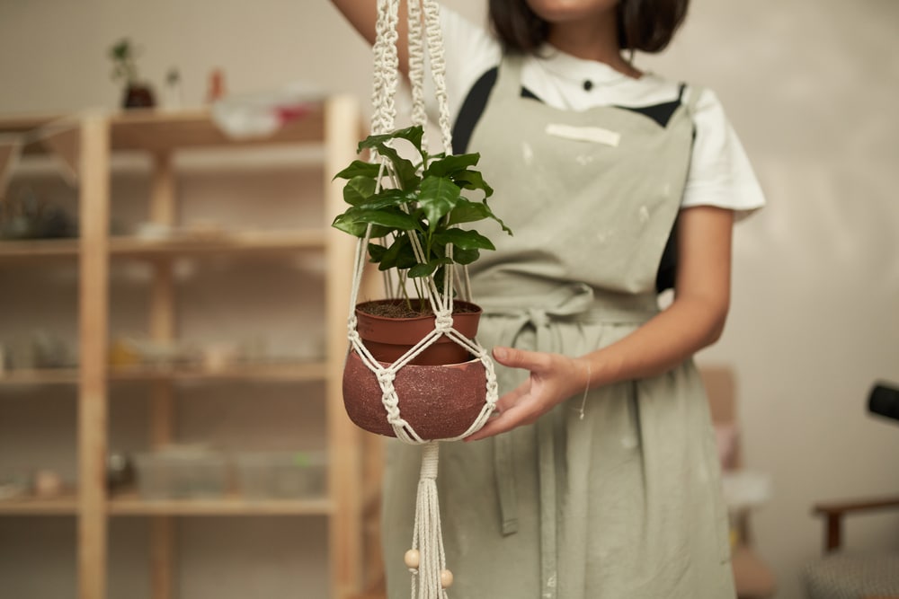 Suspension Macramé et Plante Verte pour Déco Bohème Femme tenant une plante verte dans un pot en terre cuite suspendu par un macramé beige fait main.